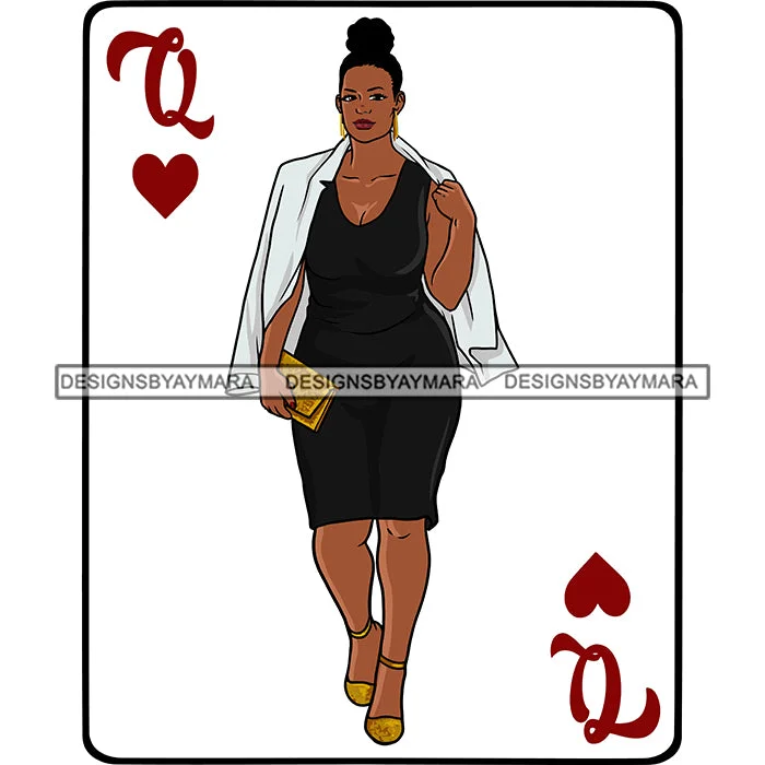 Queen Of Hearts Card Casino Poker Game Afro Thick Woman Model Heels Black Magic Black Dress White Jacket Up Do Bun Hair SVG Cutting Files For Silhouette Cricut More V-Neck Jacket Boat Neck Jacket Square Neck Jacket