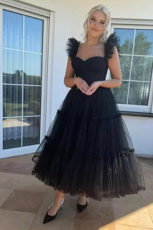 Cute Black Tulle Ruffles Formal Prom Party Dress Tunics Canvas sturdy