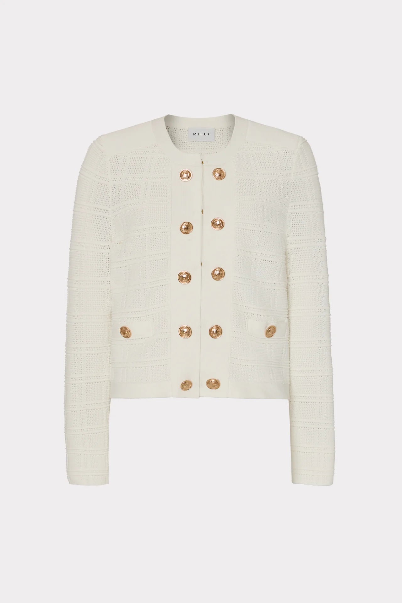 Pointelle Textured Knit Jacket Ecru - MILLY Snapped Jacket Toggled Jacket Drawstring Jacket