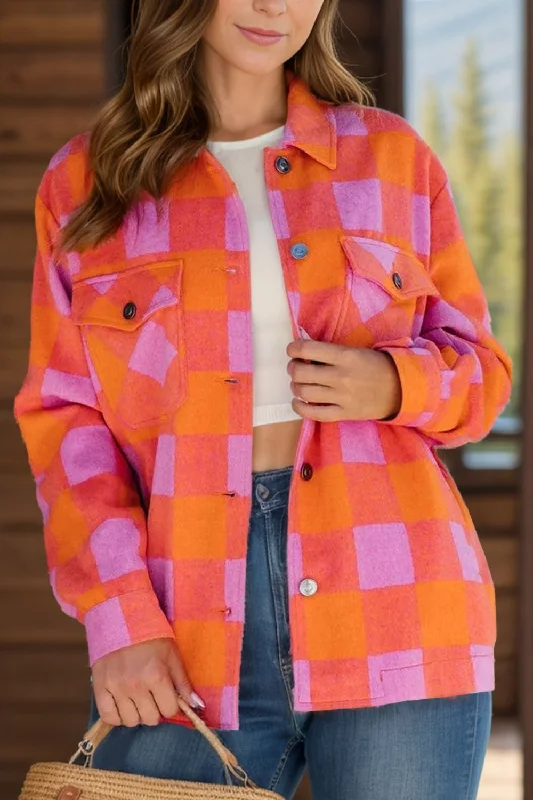 Hilary Color Block Plaid Button Up Long Sleeve Jacket Welt Pockets Slit Pockets Flap Pockets