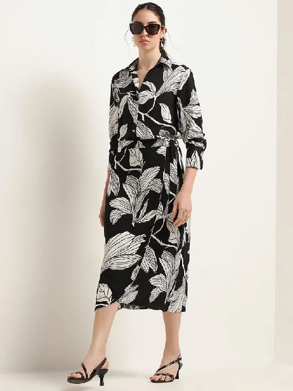 Wardrobe Black Leaf-Print Wrap Skirt cashmere skirt rich