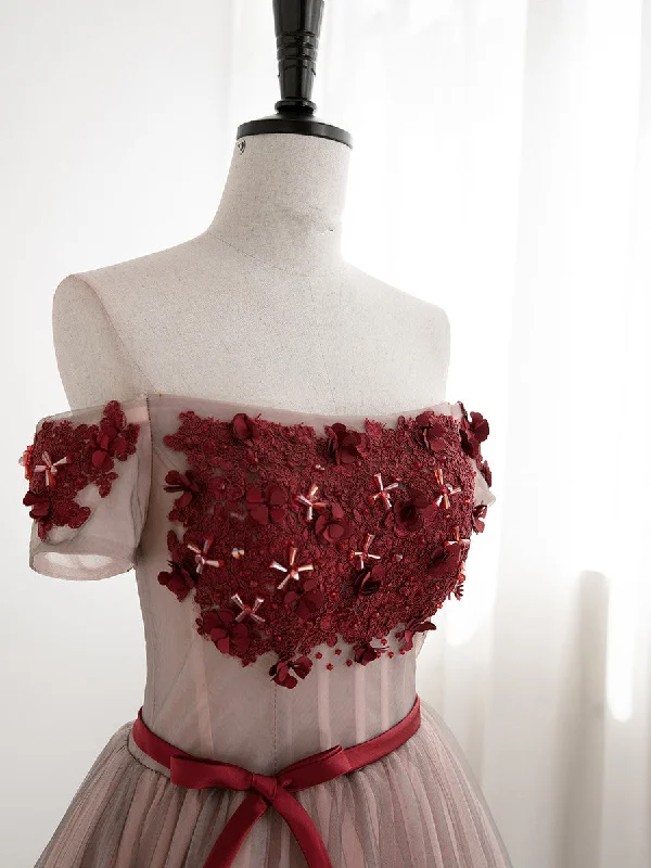 Red Tulle Beaded and Lace Short Party Dresses, Off Shoulder Prom Dresses Pleated Skirt Elegant