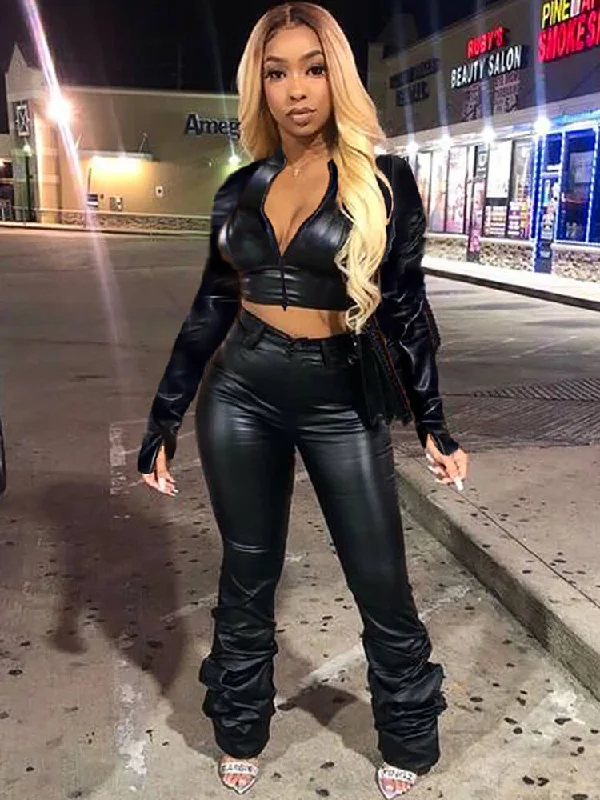Two Piece Leather Crop Top Jackets Bodycon Long Pants Set Stand-Up Collar Roll-Neck Collar Turtle Neck