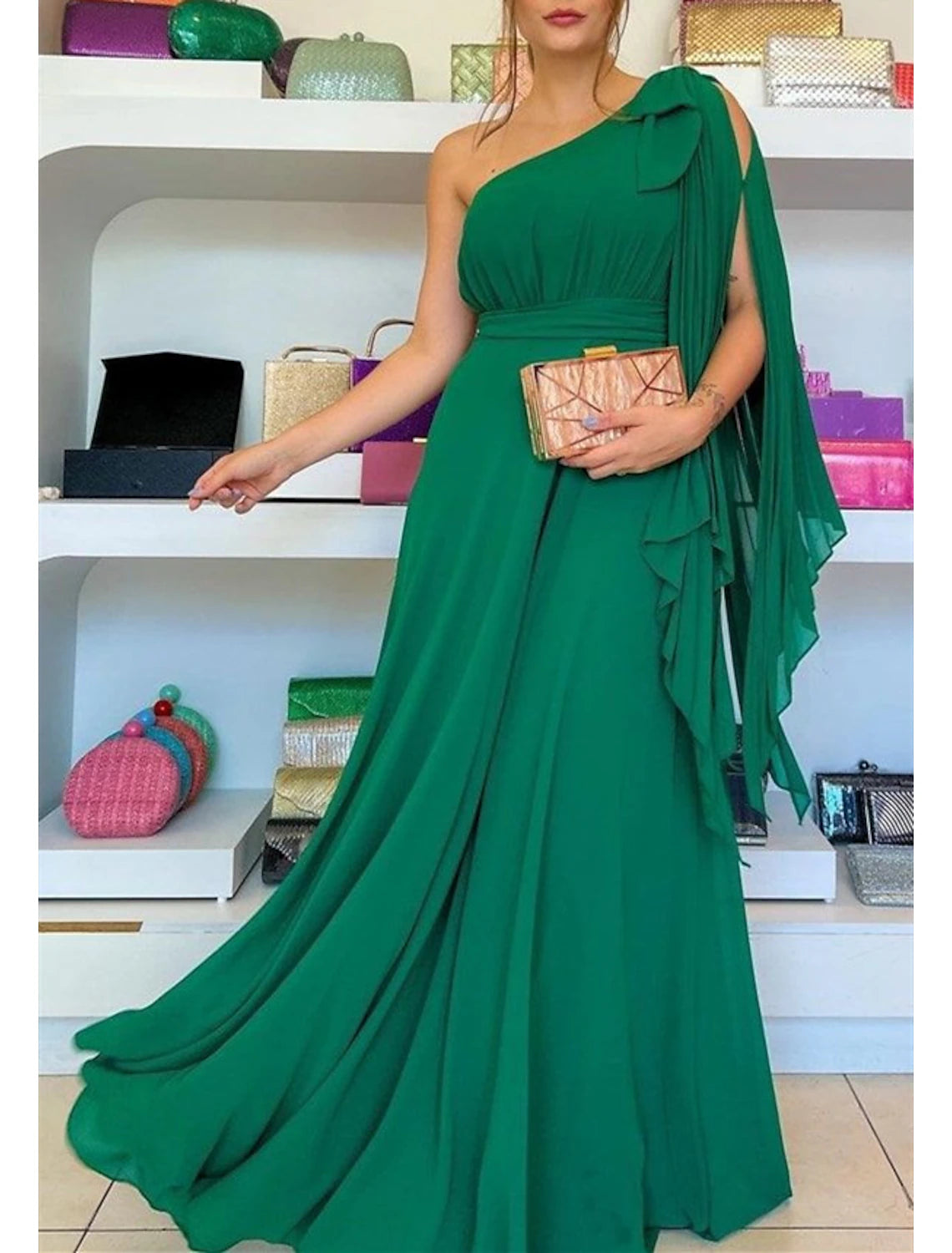 A-Line Evening Gown Party Dress Elegant Dress Formal Wedding Guest Sweep / Brush Train Sleeveless One Shoulder Capes Chiffon with Ruffles High-Low Hemline Casual