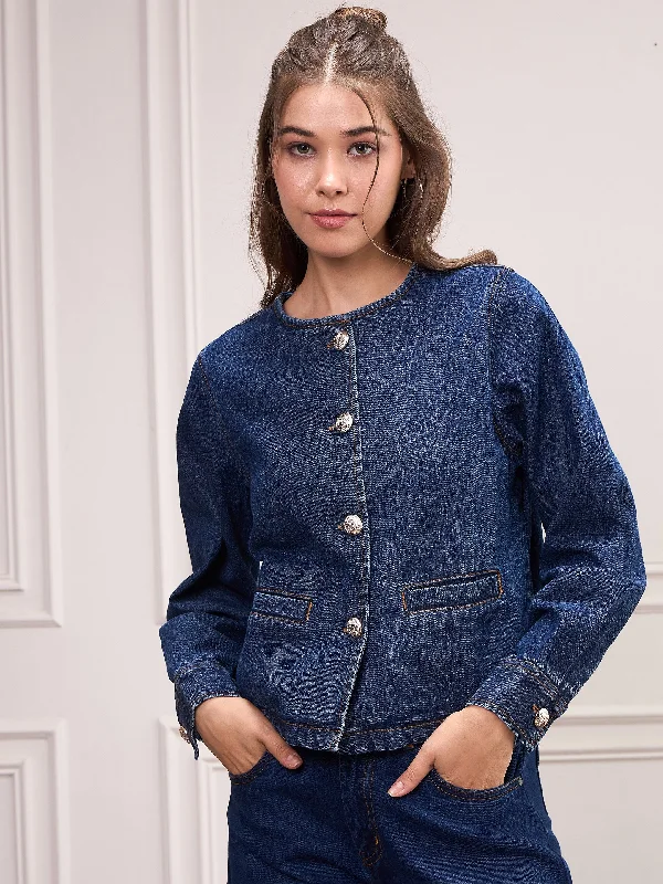Women Blue Washed Denim Front Button Jacket Satin Jacket Silk Jacket Chiffon Jacket