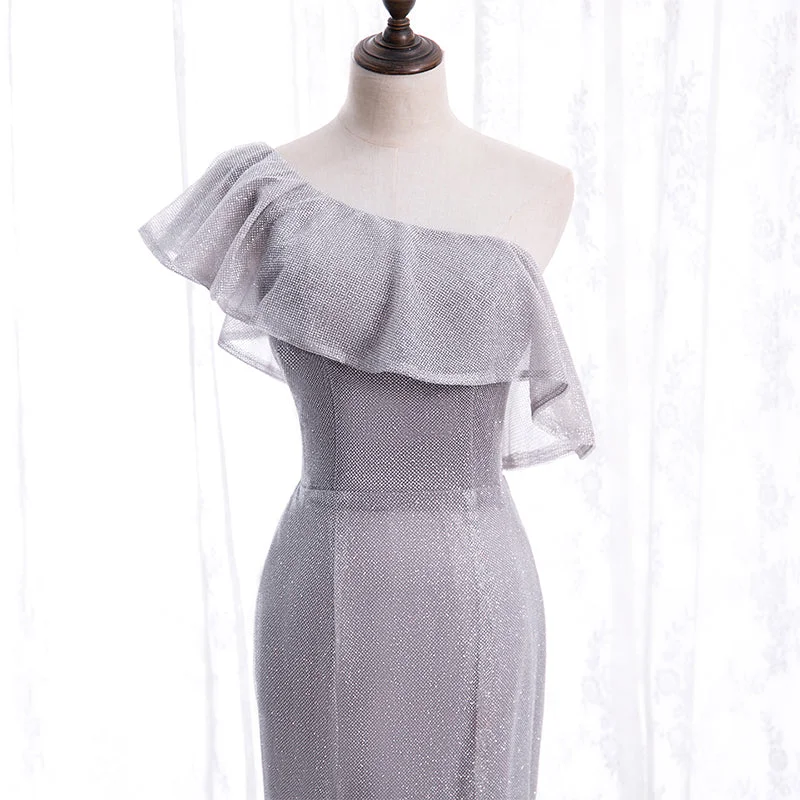 Grey One Shoulder Lace-up Shiny Long Prom Dress Party Dress, Grey Long Evening Dresses Tunics Cozy soft
