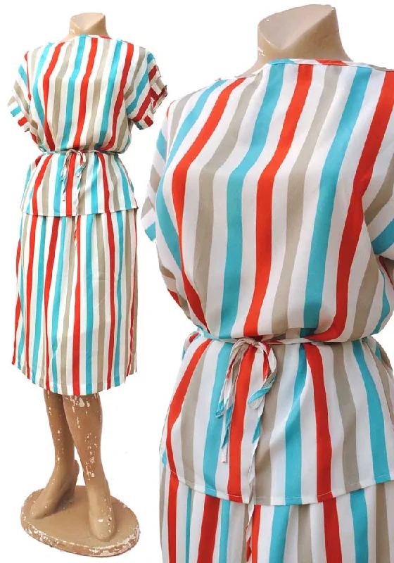 1980s Vintage Candy Stripe Summer Skirt Set • Silky Stripes Turquoise Red Grey White wool skirt sturdy