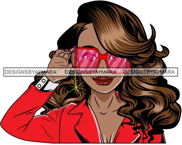 Afro Lola Woman Fashion Red Sunglasses Shades Long Brown Hair Red Jacket  SVG Cutting Vector Files Artwork for Cricut Silhouette And More Quilted Jacket Puffer Jacket Insulated Jacket
