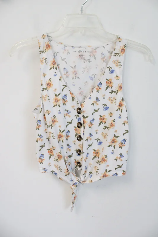 American Eagle Orange & Blue Floral Tied Cropped Tank | XS long tank top