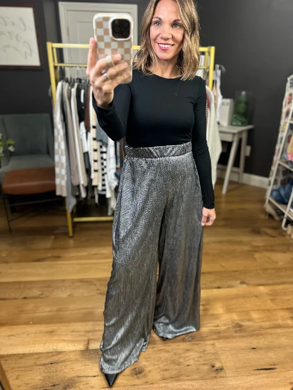 Hours Go By High-Waisted Lurex Pant - Black Elegant Silk Pants