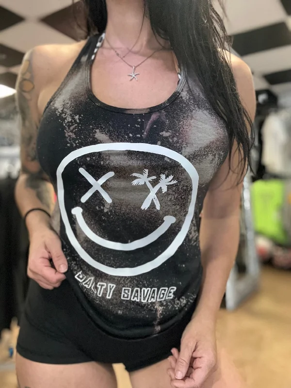 Salty Savage Ladies “Digital Spliced Smile” Bleach Splattered Racerback Tank mint tank top Salty Savage Ladies “Digital Spliced Smile” Bleach Splattered Racerback Tank mint tank top