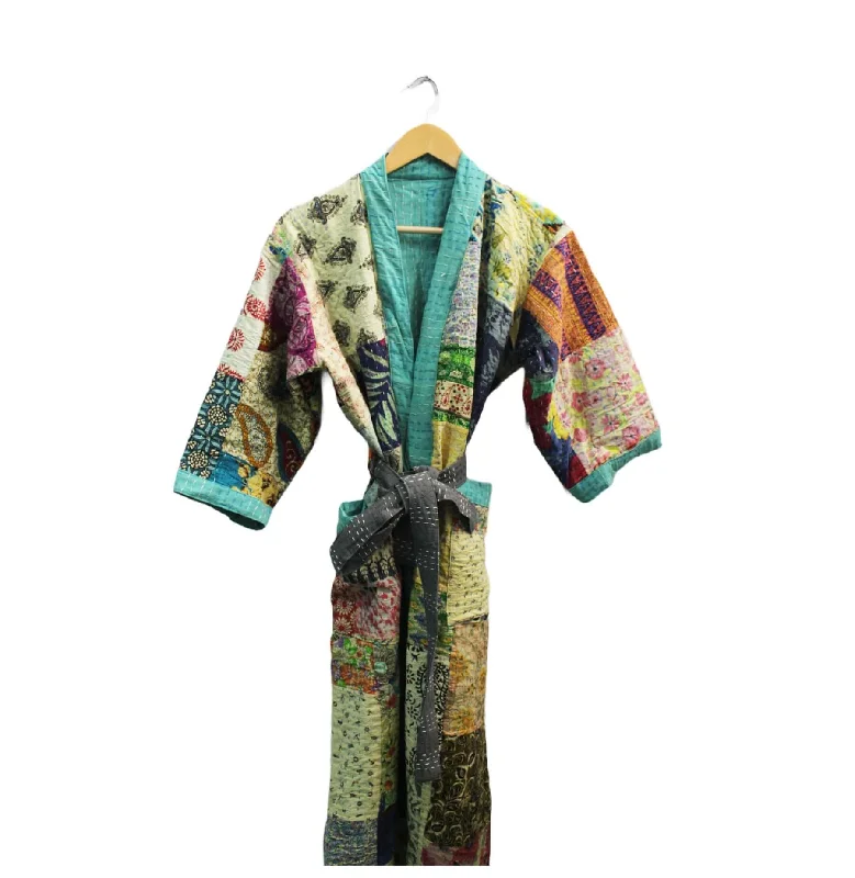 Indian Handmade Japanese Kimono Style Kantha Robe Jacket Coat with tie belt Vintage Wear Boho Fashion Zip Front Button Front Snap Front