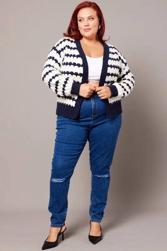 White Stripe Knit Cardigan Long Sleeve Textured Boat Neck Shawl Collar Notched Collar