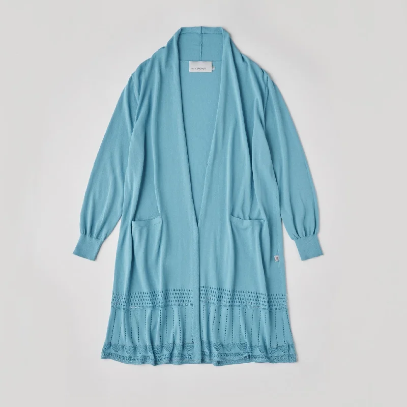 DiDi Guranjie Eyelet Openwork Pattern / Long Cardigan (Turquoise Blue) Herringbone Houndstooth Plaid