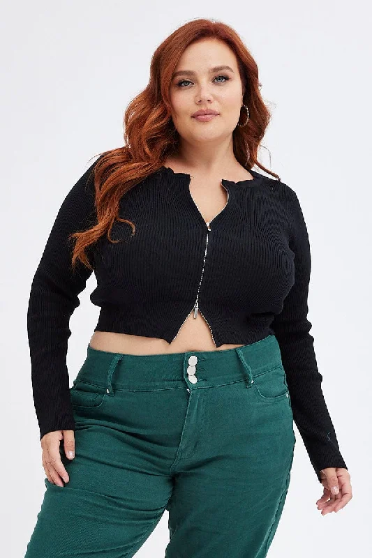 Black Knit Cardigan Zip Up Ribbed Nylon Fabric Polyester Fabric Spandex Fabric