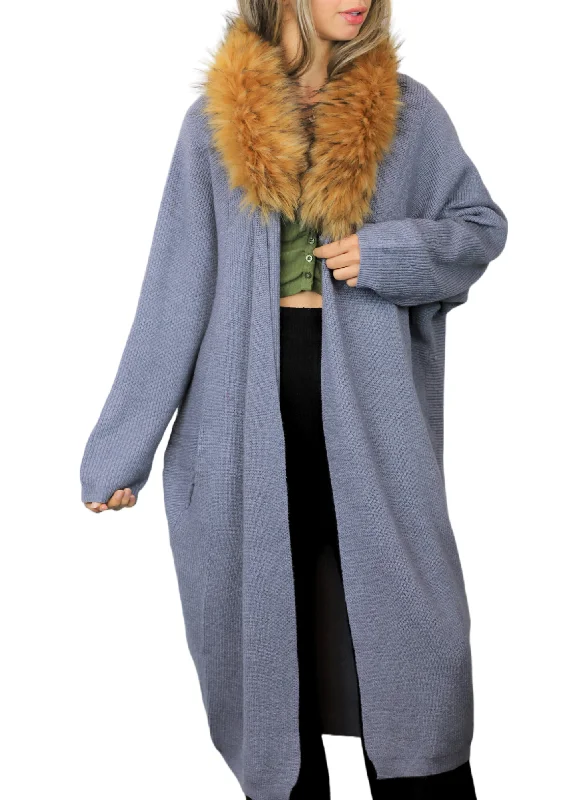 Oversized Cardigan with Faux Trim Collar - Grey Neon metallic Matte