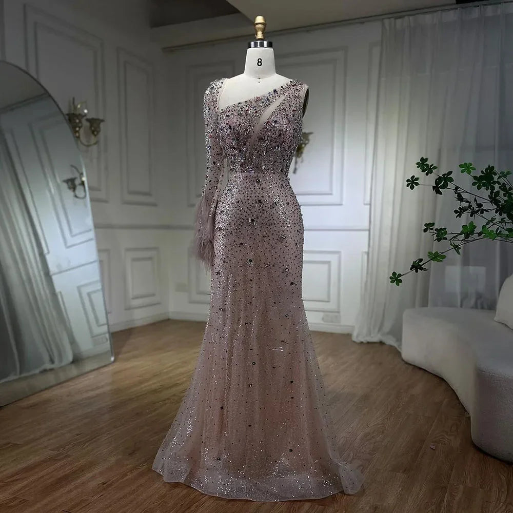 Serene Hill Pink Elegant Mermaid with Skirt Crystal Beaded Feathers Luxury Evening Dress Ladies Wedding Party Dress 2025 LA72377 Tunics Occasion special