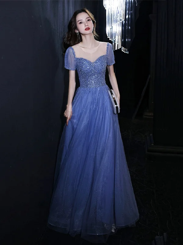 Blue Tulle Beads Long Prom Dress, Beautiful Short Sleeve Evening Party Dress Tunics Favorite customer
