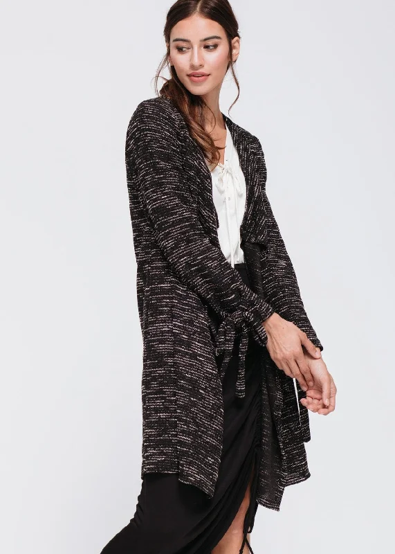 Flirty Bow Sleeves Loose Cardigan In Black Handmade Hand-knitted Hand-woven