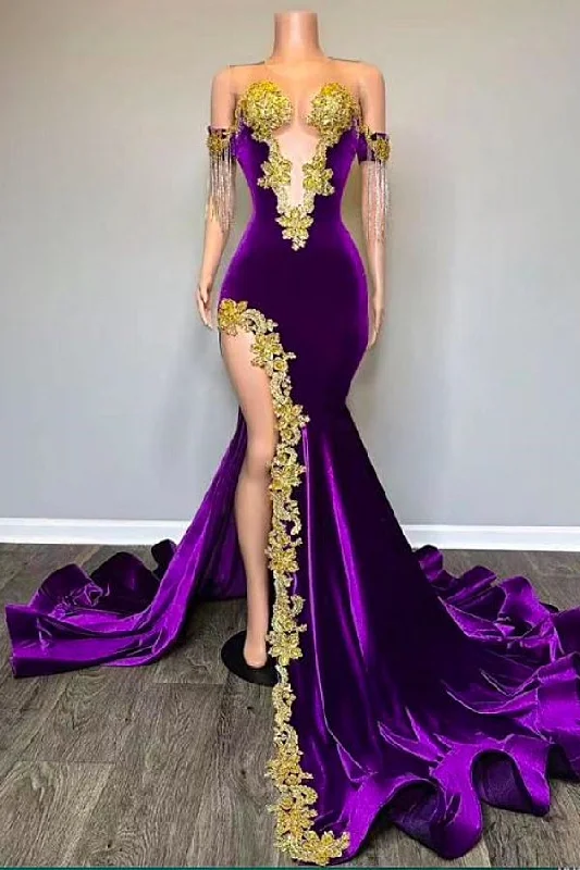 Off the shoulder V-neck Gold Appliques Mermaid Velvert Prom Party Dresses Square Neckline Feminine Off the shoulder V-neck Gold Appliques Mermaid Velvert Prom Party Dresses Square Neckline Feminine