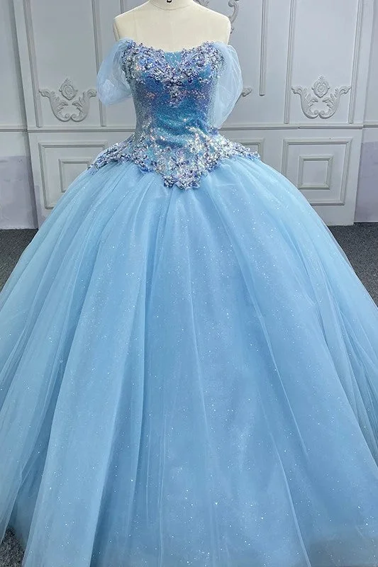 Princess Cap sleeve Ball Gown Sequins Square Collar Evening Party Dresses sweetheart Neckline Romantic