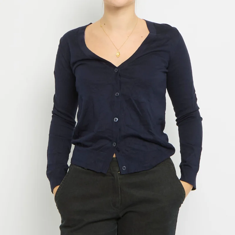 Round Neck Cardigan - UK 10 Satin Blend Silk Blend Wool Blend