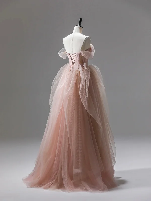 Pink Tulle Lace Long Prom Dress, Beautiful A-Line Evening Party Dress Tunics Trousers formal
