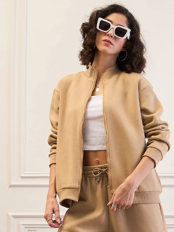 Women Beige Fleece Zipper Jacket Jacket Blazer Coat