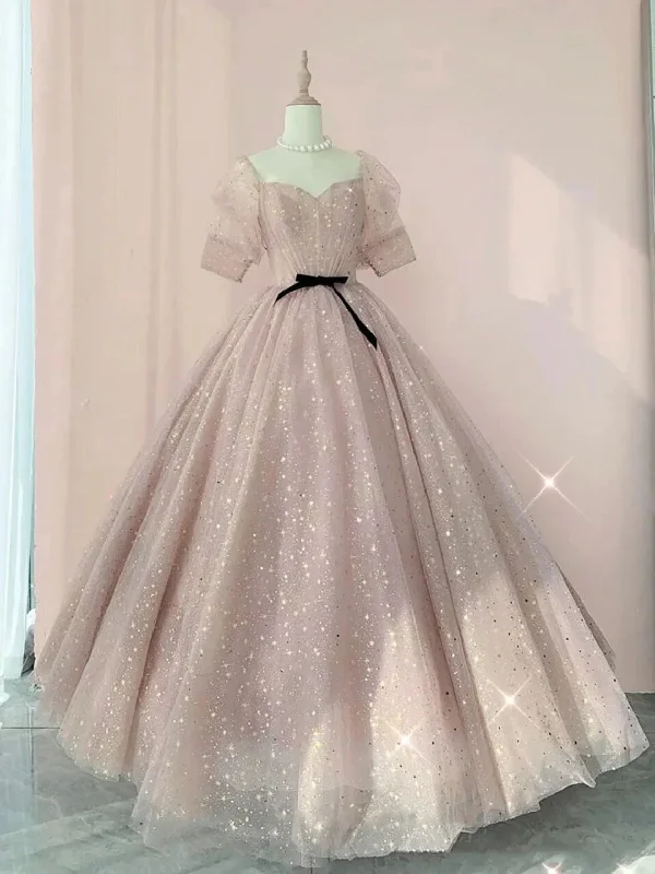 Pink Sweetheart-Neck Tulle Lace Half-Sleeve Prom Dresses, Pink Party Dress A-Line Day Work