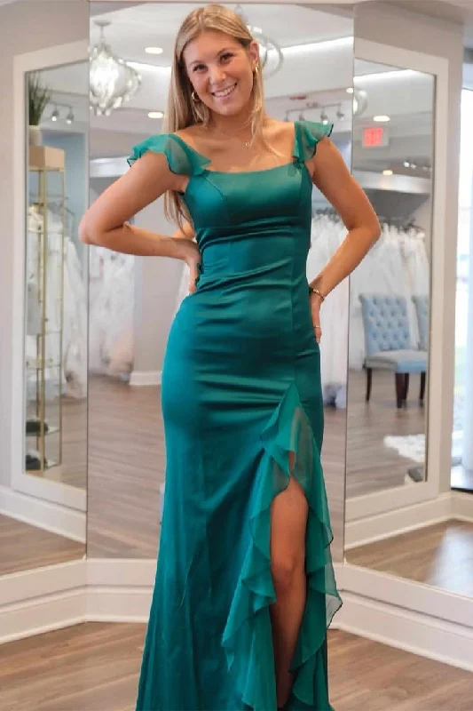 Ruffled Chiffon Prom Dress Sheath Square Neck Evening Party Dress with Slit Tunics Spring floral