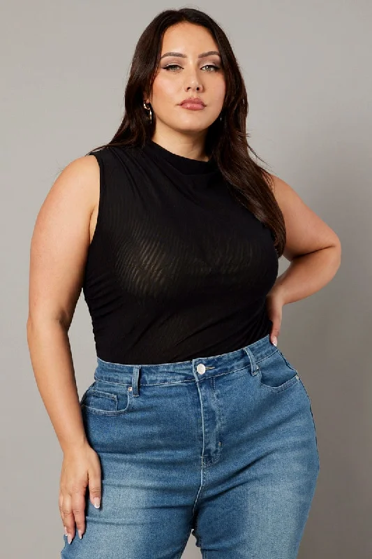 Black Mesh Tank Top Sleeveless Mock Neck Ruched boho tank top