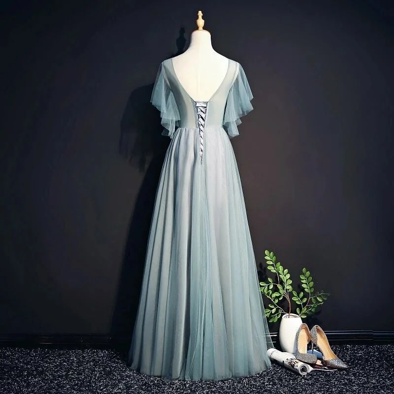 Light Green Tulle Long Party Dress, Green Lace Low Back Prom Dress Evening Dress Satin Halter Glamorous