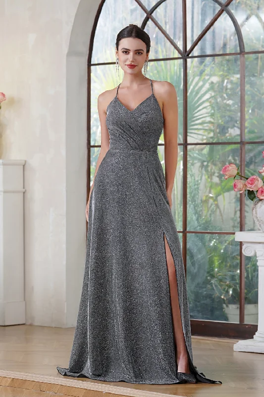 Elegant Halter Shiny Silk Long Prom Dress V-Neck Pleated Side Slit Party Dress with Pocket Tunics Wedding white