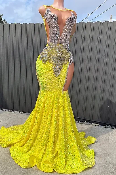 Round neck Silver Beaded Mermaid Yellow Sequin Prom Party Dresses Tunics Luxurious premium