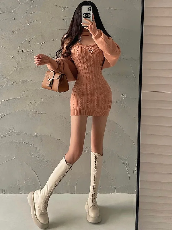Olivia Solid Color Chain Halter Slim Cardigan Mini Dress Matching Set Neon metallic Matte