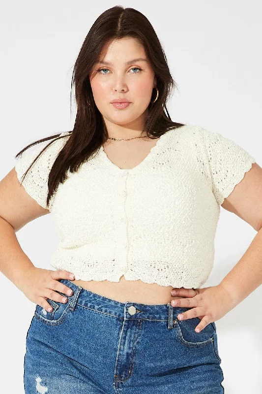 White Crochet Knit Cardigan Short Sleeve Handmade Hand-knitted Hand-woven