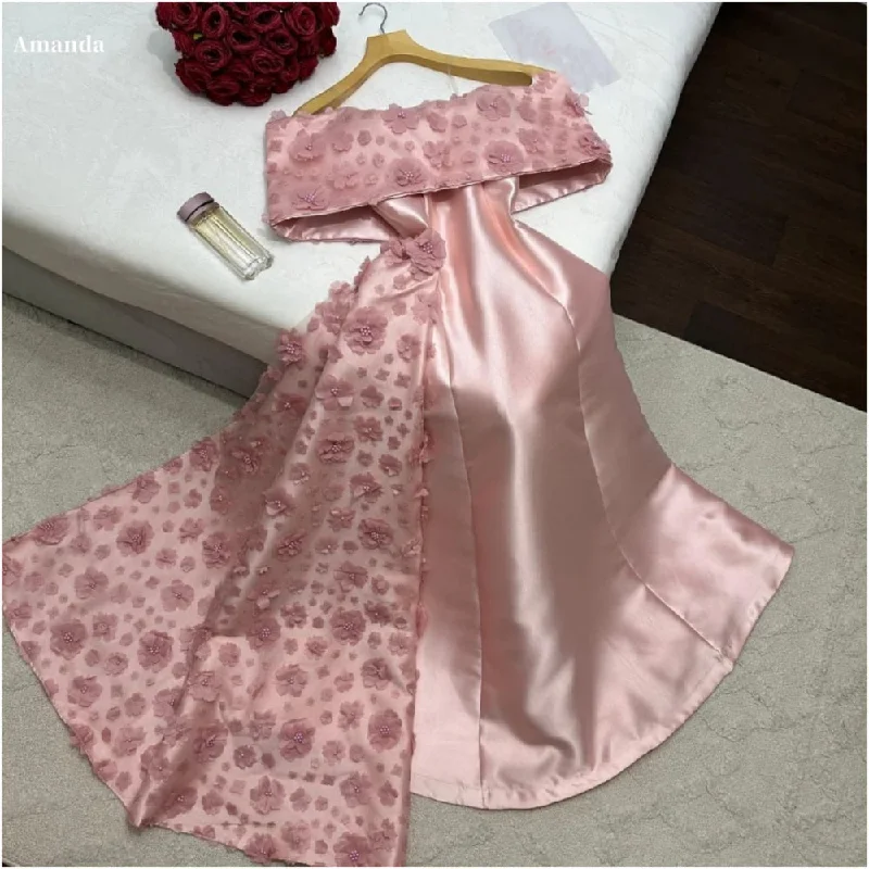 Cinessd Customized 3D Flowers Pearls Off the Shoulder robes de soir¨¦e A-line Satin Party Dresses Strapless Strapless Prom Dress Tunics Ceremony elegant