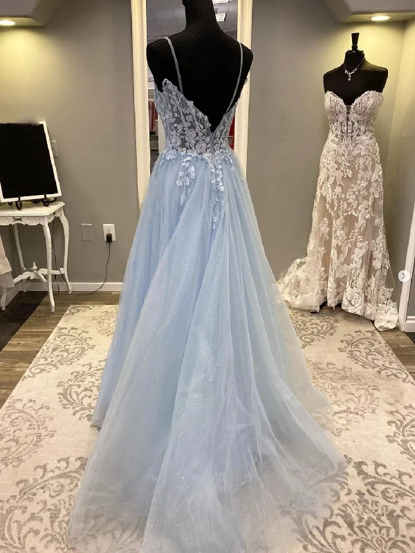 Blue Spaghetti Strap Tulle Long Prom Dress with Lace, A-Line Evening Party Dress Tunics Sale discount