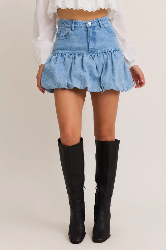 Fomi Denim Puff Hem Bubble Mini Skirt high waist skirt