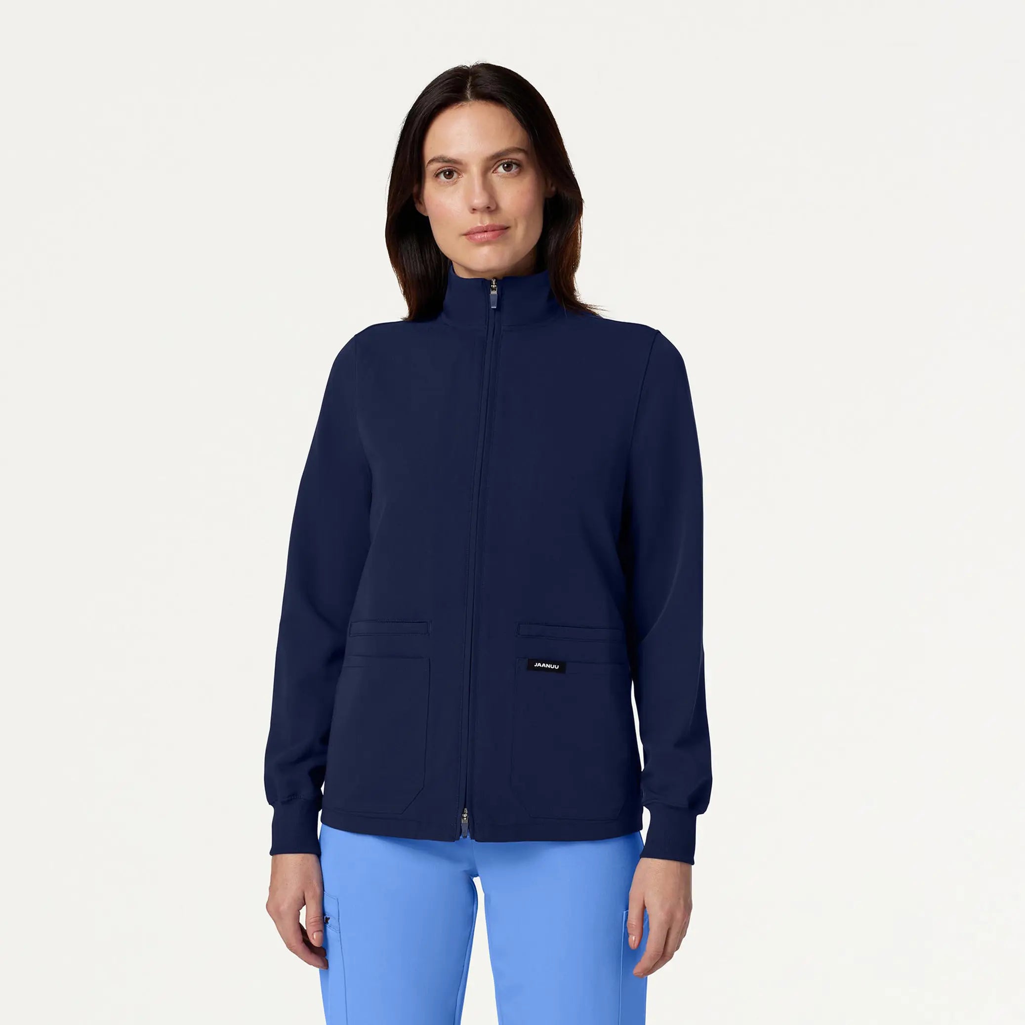 Jaanuu Women's Ceri Essential 6-Pocket Scrub Jacket - Midnight Navy Striped Jacket Polka Dot Jacket Floral Jacket