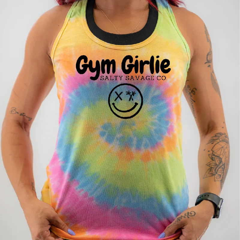 Ladies “Gym Girlie” Racerback Tank | Tie Dye soft pink tank