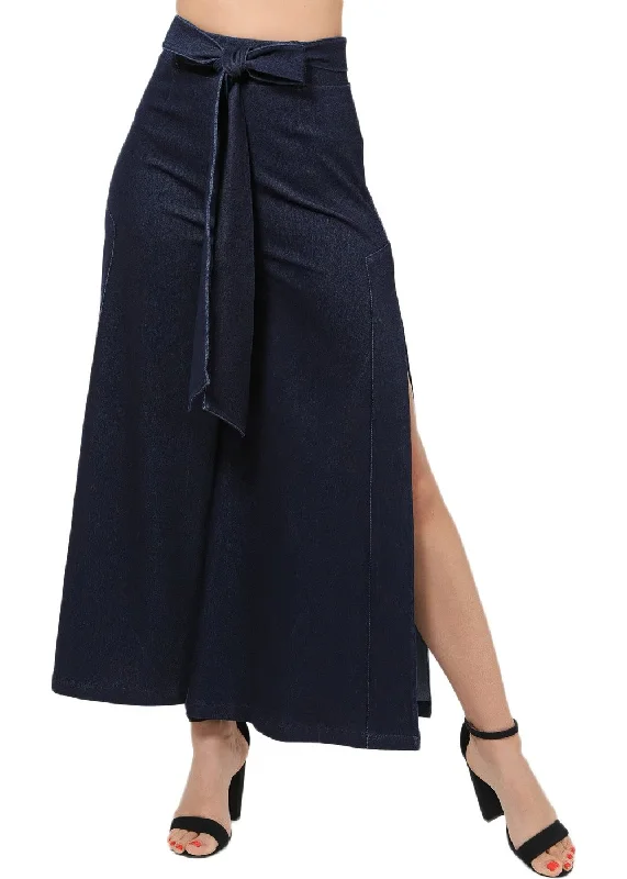 High Waist Deep Side Slit Denim Ankle Wide Flair Pants (P10352) Formal Stretch Pants