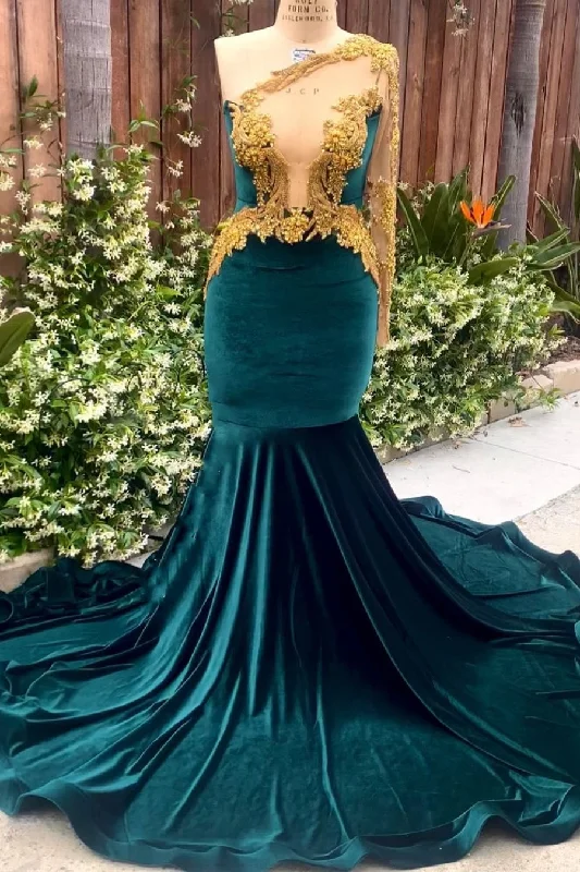 Dark Green Velvet One shoulder Mermaid Prom Party Dresses with Gold Appliques Tunics New arrival