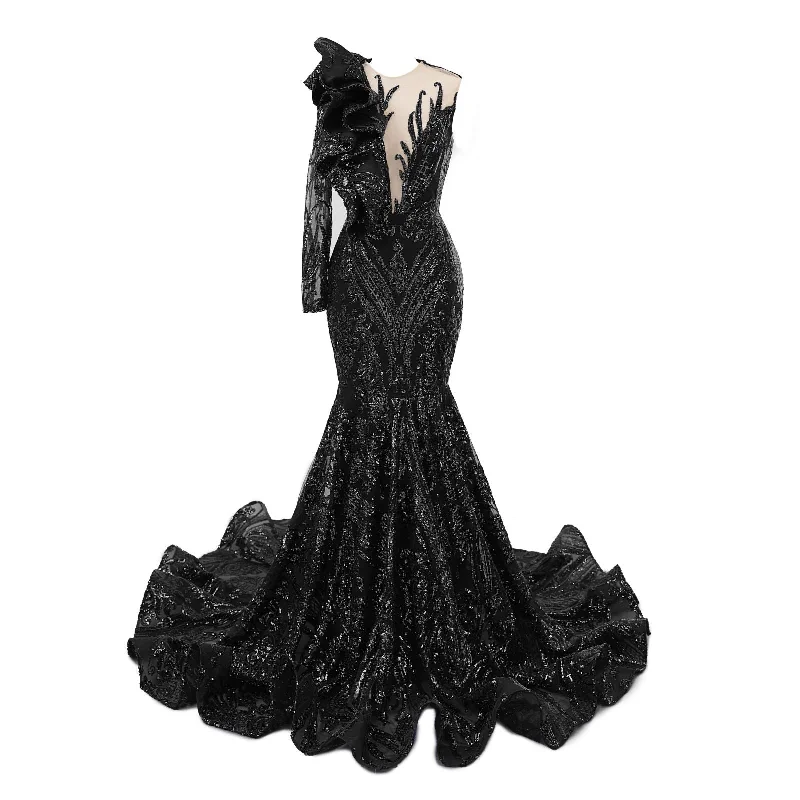 Black Mermaid One Sleeve Prom Dresses Sequined Lace Jewel Ruffles Evening Party Dress with Appliques Tunics Formal black