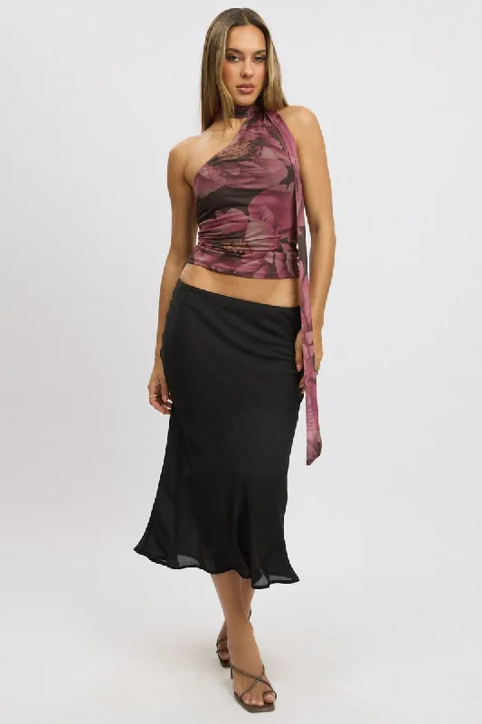 Black Slip Skirt High Rise Midi Picot Trim cashmere skirt rich