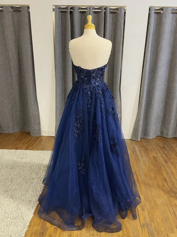 Open Back Navy Blue Lace Beaded Long Prom Dresses,Formal Graduation Party Dress Crew Neckline Sporty