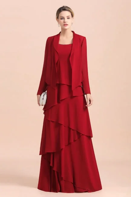 Elegant Burgundy Chiffon Mother of the Bride Dress Ruffles With Jacket Toggled Jacket Drawstring Jacket Belted Jacket