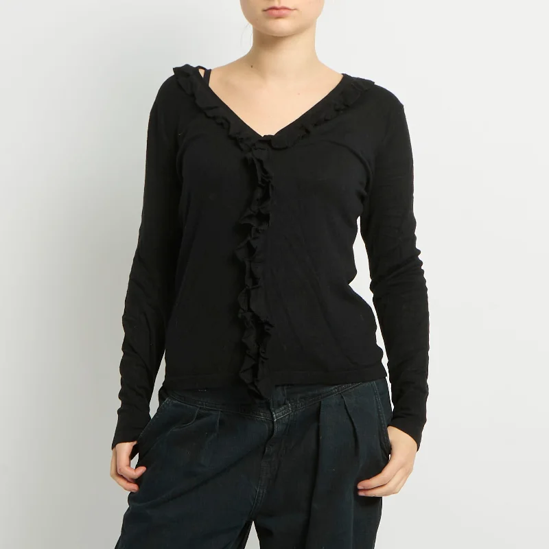 Ruffle Detail Knitted Cardigan - UK 10 Ribbed Striped Patterned