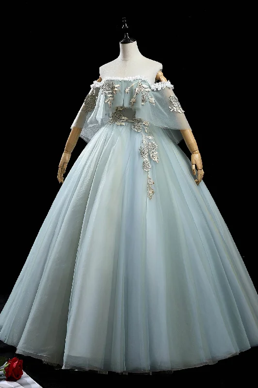Green Lace Long A-Line Off the Shoulder Prom Dress, Evening Party Dress Pleated Skirt Elegant