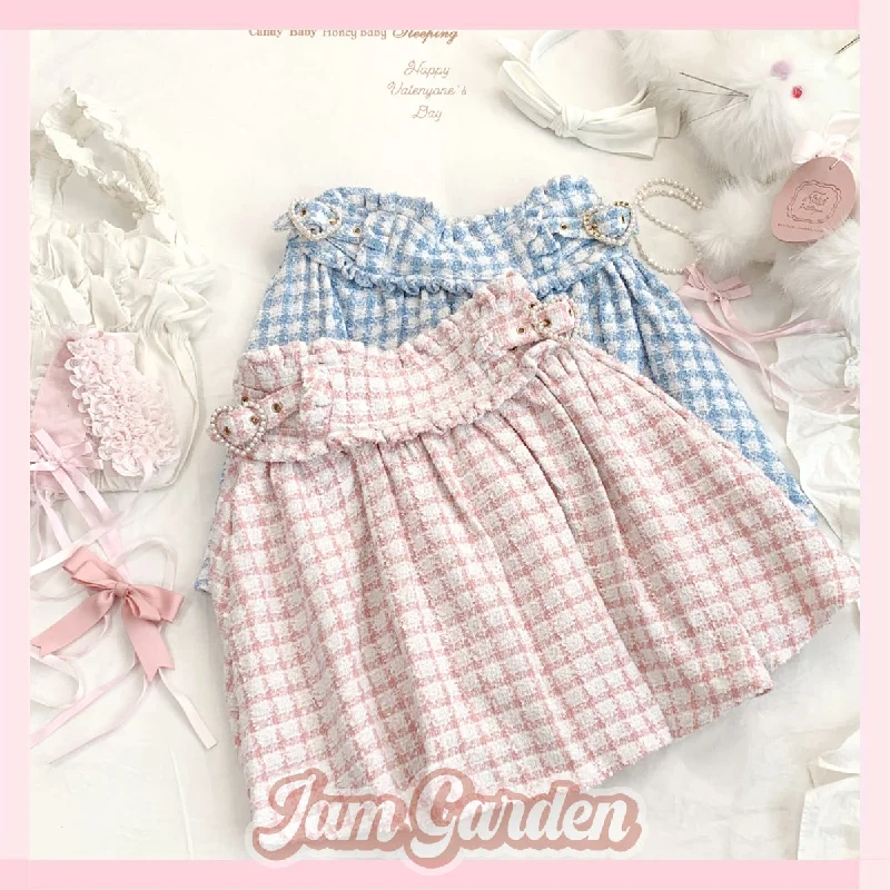 Sleepingdoll Mass-produced retro woolen plaid heart button skirt lace skirt delicate